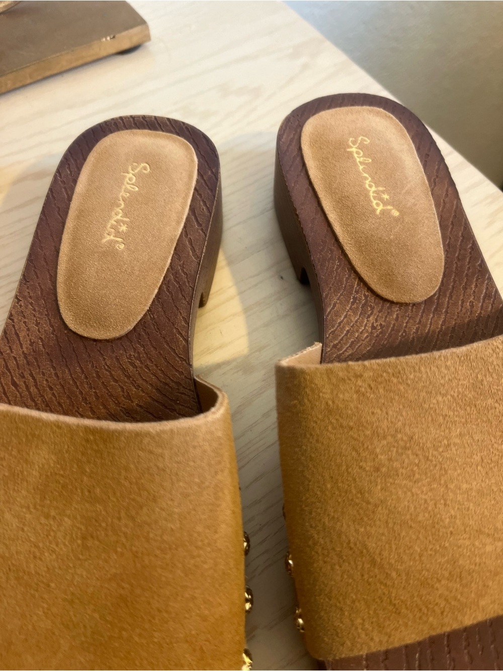 Splendid Tan Suede Slide Mules with Gold Stud Accents - Picture 3 of 8